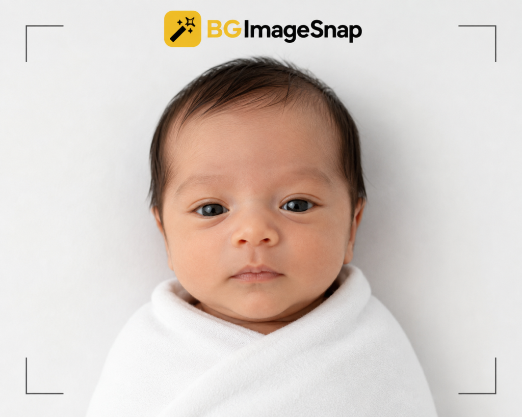 Baby passport photo taken on a plain white background following official size and lighting requirements