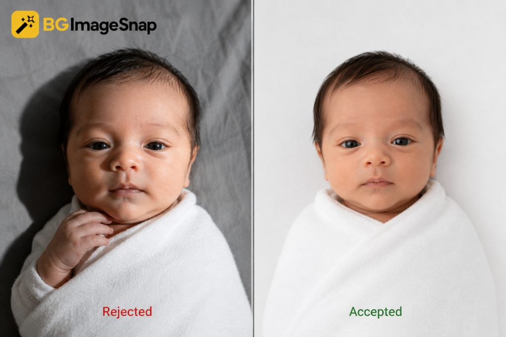 Comparison of an accepted versus rejected baby passport photo background
