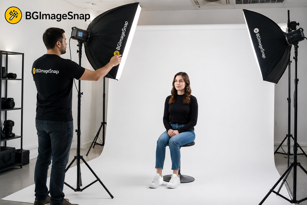 Photo Passport Studio vs. Online Maker Split-screen comparison of a poorly lit home passport photo with shadows versus a crisp studio passport photo with even lighting and a white background, featuring BGImageSnap branding.