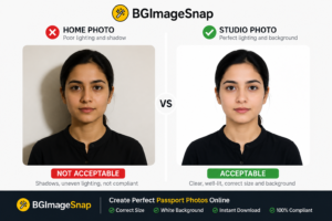Split-screen comparison of a poorly lit home passport photo with shadows versus a crisp studio passport photo with even lighting and a white background, featuring BGImageSnap branding.