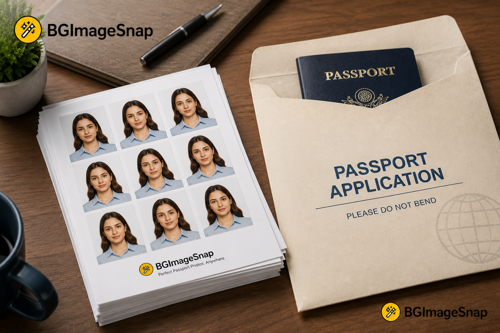 Photo Passport Studio vs. Online Maker Printed passport photo sheets beside a passport application envelope on a wooden desk, featuring BGImageSnap branding and logo.

