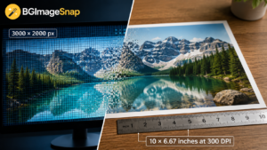 Pixel to inches conversion showing digital pixels transforming into physical print dimensions