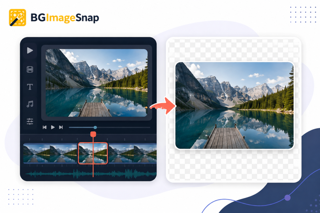 mp4 to png conversion workflow showing video timeline extraction into a high-resolution PNG frame with transparent background