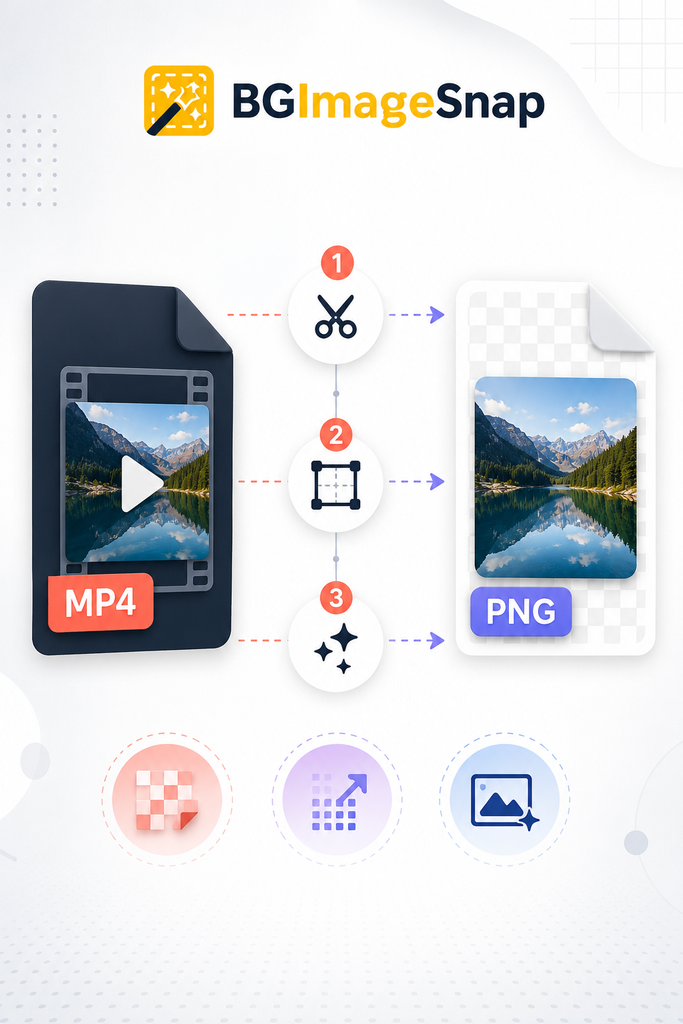 mp4 to png step-by-step diagram showing video container transforming into PNG through resolution and transparency steps