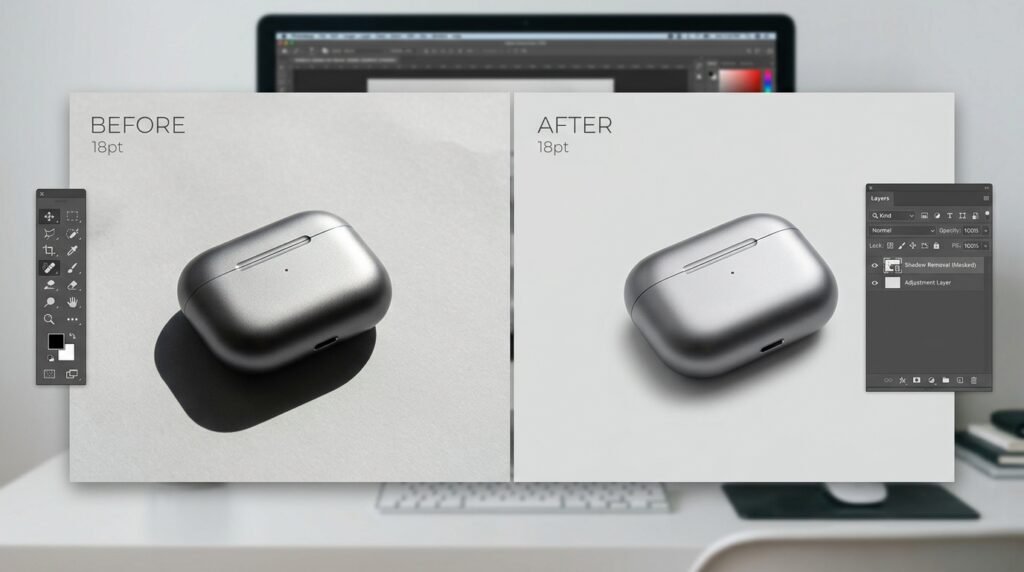 Before and after photo showing a product with an unwanted shadow removed