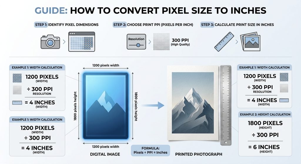 how to convert pixel sizes in inches using PPI formula