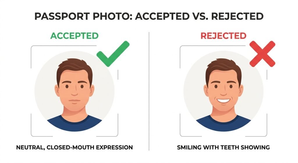 A split-comparison infographic showing an "ACCEPTED" passport photo with a neutral, closed-mouth expression and a green checkmark on the left, next to a "REJECTED" photo with a smiling face showing teeth and a red X on the right.