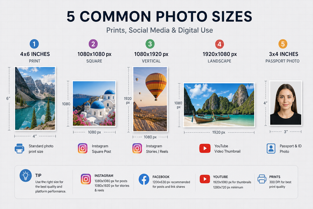 Comparison of standard normal photo sizes for Instagram, YouTube, and print