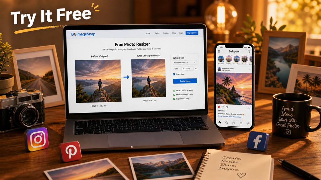 BGImageSnap photo resizer tool in action resize photos to normal photo size for social media and print