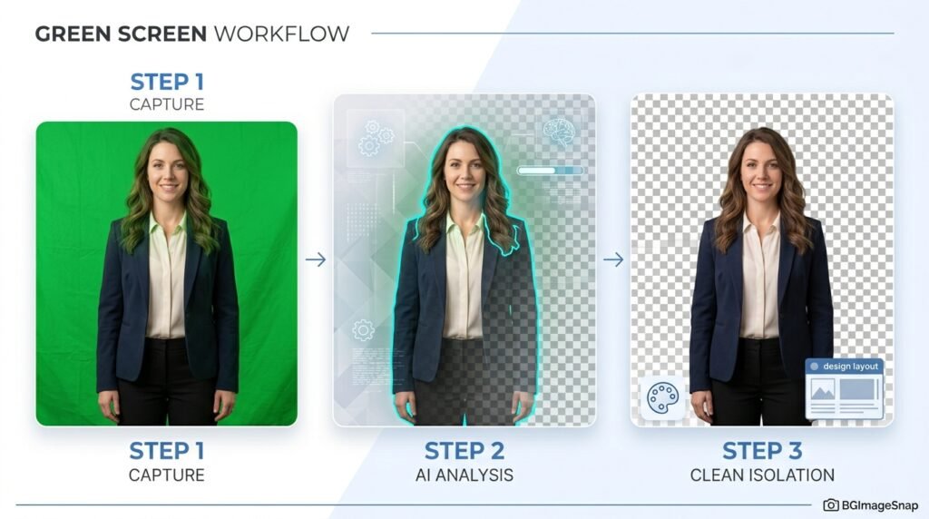 Green screen remover showing step-by-step background removal process