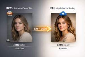 RAW vs JPEG comparison showing unprocessed sensor data vs compressed final image with file size and editing differences