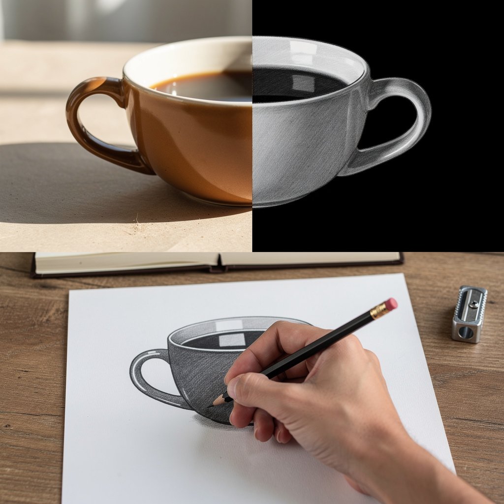 Step-by-step black and white art process showing how to draw an object using only three values
