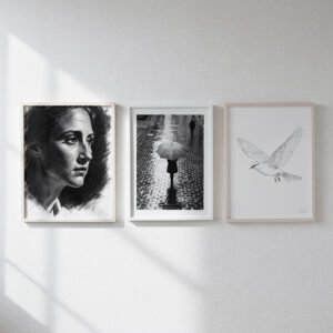 Black and white art examples including charcoal portrait, high-contrast street photography, and minimalist ink drawing