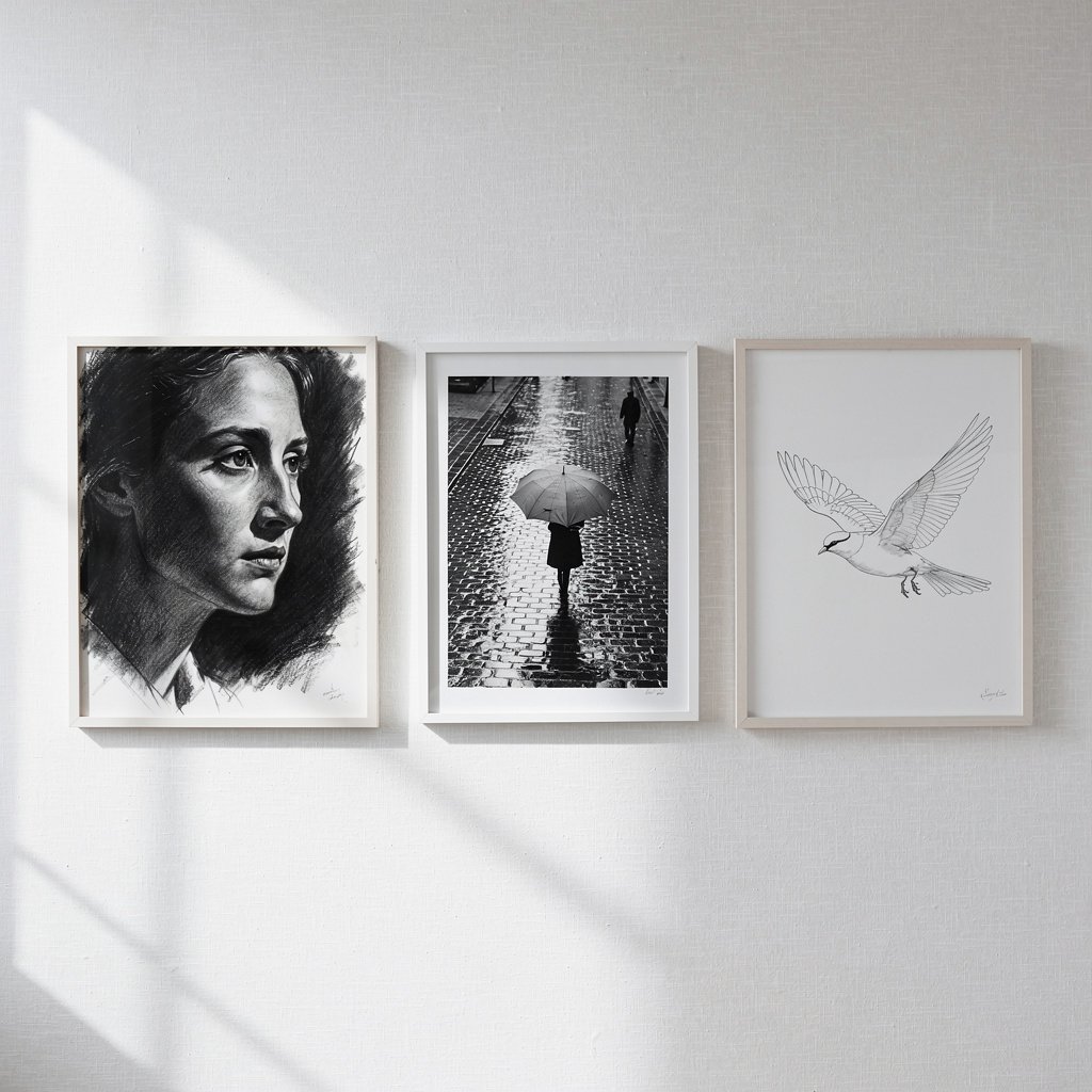 Black and white art examples including charcoal portrait, high-contrast street photography, and minimalist ink drawing