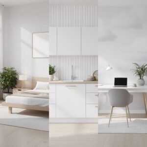 Wallpaper with white background featuring subtle geometric patterns, natural textures, and soft shadows in modern interior spaces