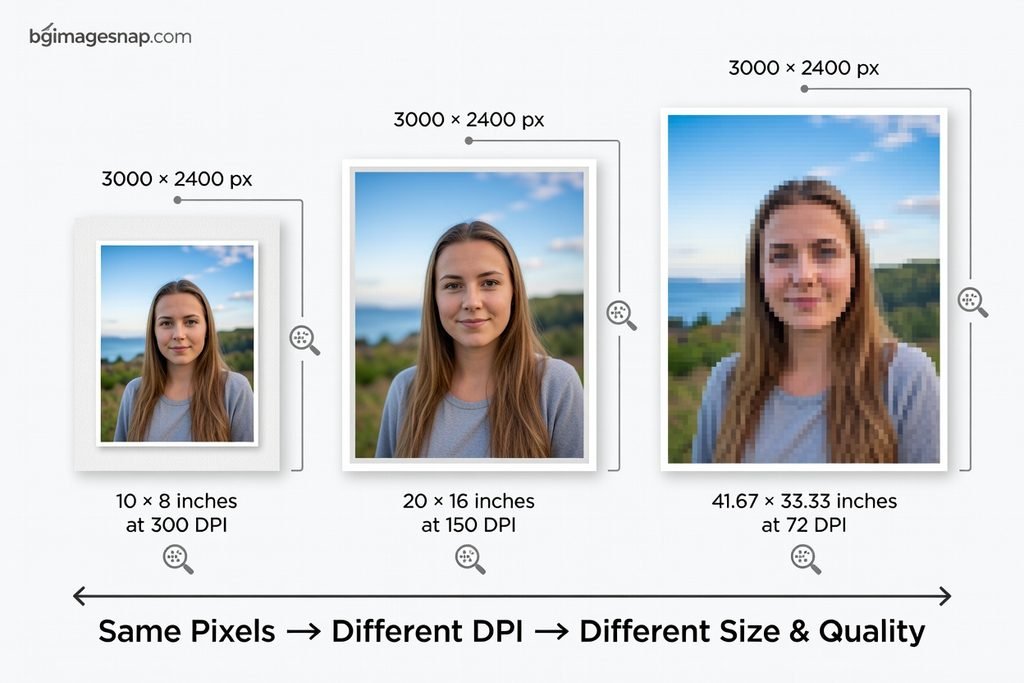 Pixel to inches comparison showing how 3000 pixels prints at different sizes depending on DPI