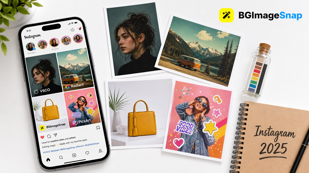 Comparison of the 10 best Instagram picture editing apps for 2025 with edited photo examples