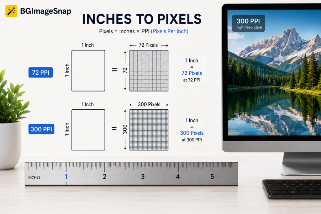 how many pixels in an inch at 72 PPI, 150 PPI, and 300 PPI showing inches to pixels conversion and image resolution comparison