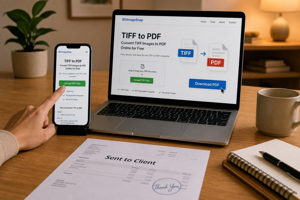 TIFF to PDF conversion on mobile and desktop using BGImageSnap tool — showing easy upload and download process
