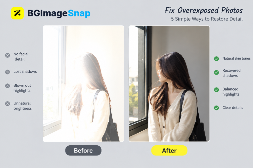 how to fix overexposed photos showing a bright washed out image being corrected to reveal hidden details in shadows and skin tones