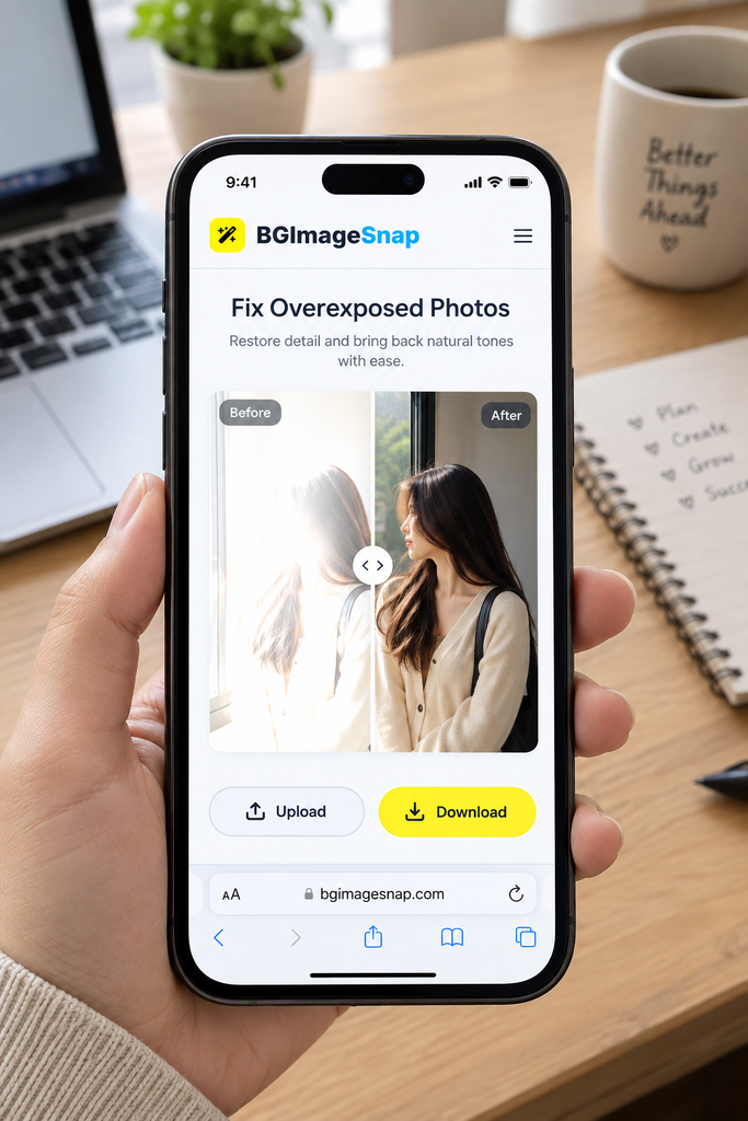 how to fix overexposed photos using BGImageSnap tool with before and after slider

