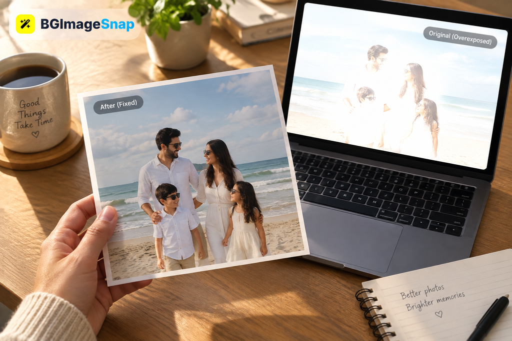 how to fix overexposed photos result showing a restored image printed and displayed with original file on screen

