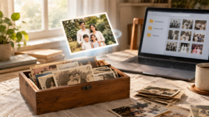 best photo scanning services comparison showing a box of old photos being digitized by a professional scanning service with high-resolution output