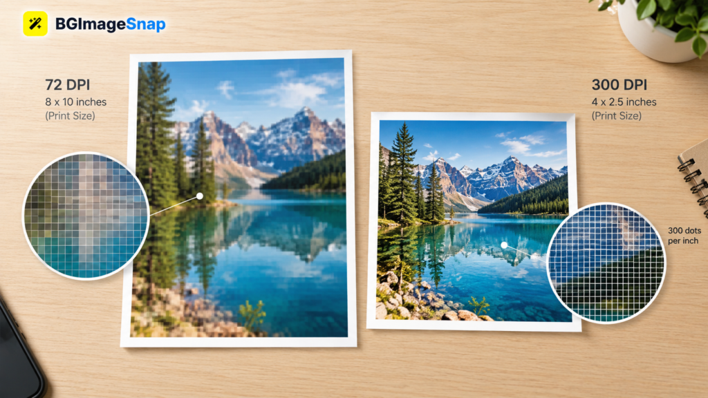 Alt Text: What Is DPI in Images? showing a close-up comparison of low and high DPI printed photos with pixel grid overlay