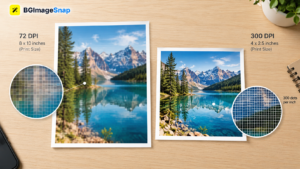 Alt Text: What Is DPI in Images? showing a close-up comparison of low and high DPI printed photos with pixel grid overlay