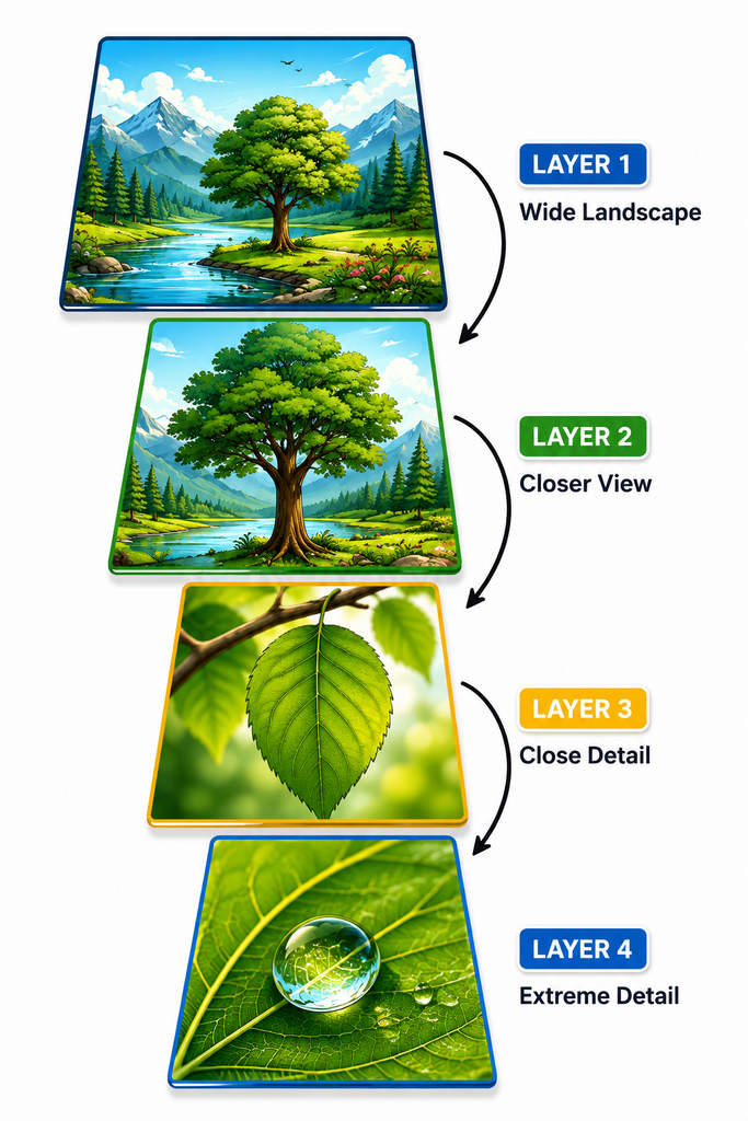  Zoomquilt diagram showing four stacked image layers with arrows showing zoom progression from landscape to close detail