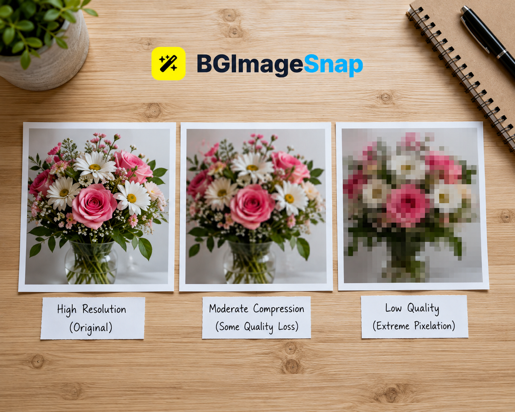 low quality image maker creating three levels of image degradation from high quality to pixelated

