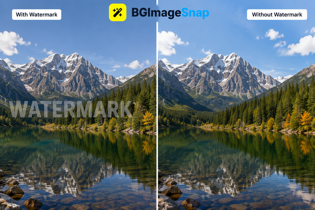 SorryWatermark result showing a photo with a text watermark removed leaving a clean landscape image