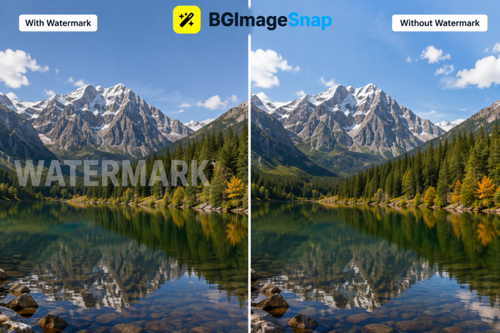 SorryWatermark result showing a photo with a text watermark removed leaving a clean landscape image
