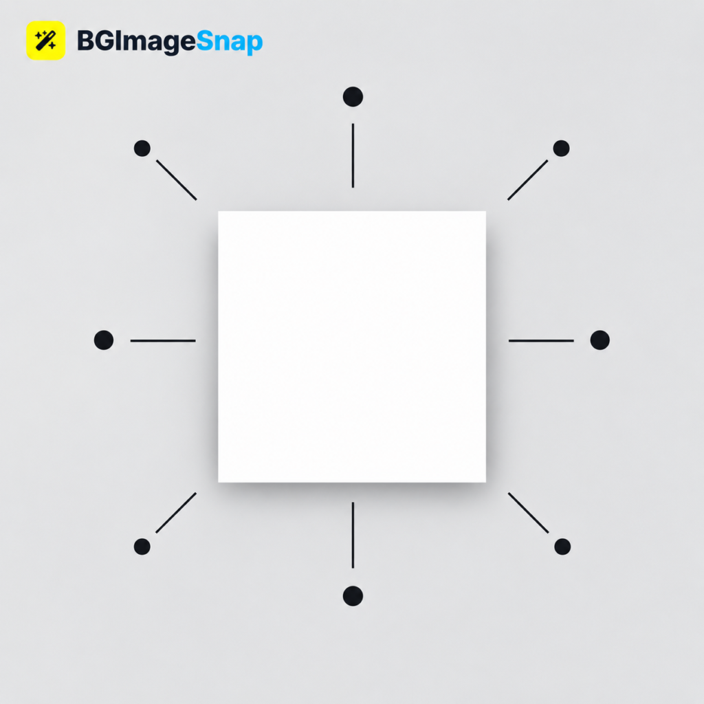 White square shown as a geometric design element with minimal shapes arranged around it