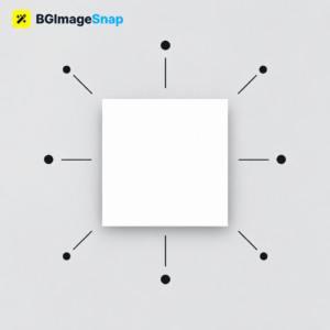 White square shown as a geometric design element with minimal shapes arranged around it