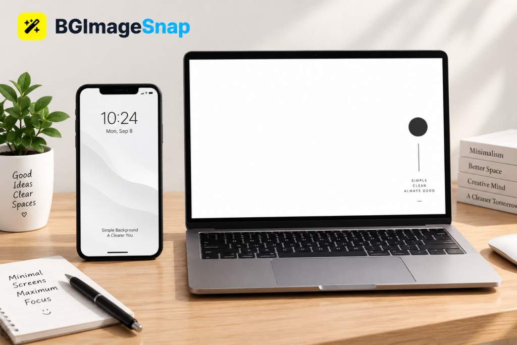 White wallpaper shown on a phone and laptop displaying clean minimalist white backgrounds
