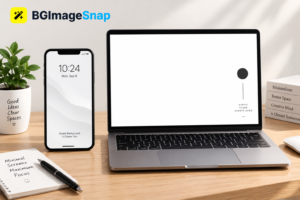 White wallpaper shown on a phone and laptop displaying clean minimalist white backgrounds