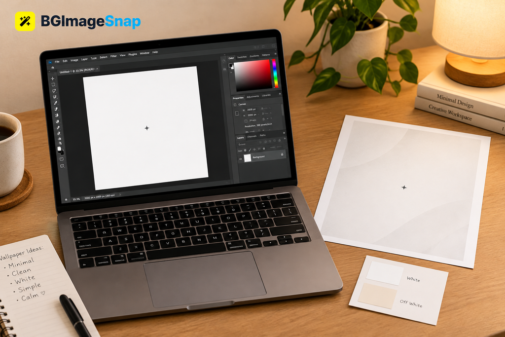  White wallpaper creation shown on a laptop screen with printed sample beside it