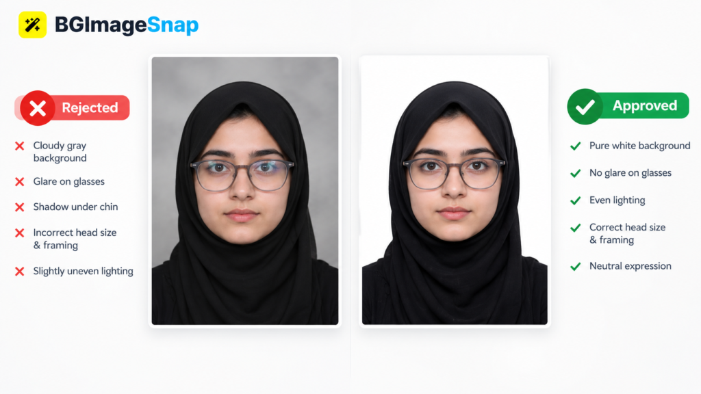 Photo rejected for passport with annotated examples showing common errors like shadows, glare, and incorrect background