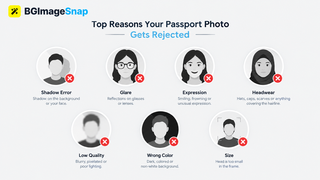Diagram showing 7 common reasons photo rejected for passport with visual icons for shadows, glare, expression, and more

