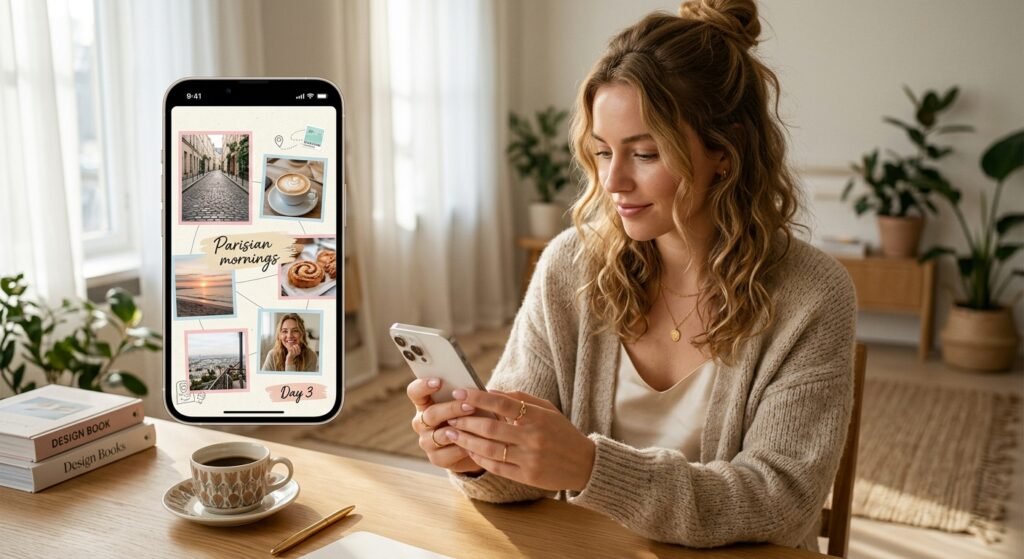 How to add multiple photos to instagram story tutorial showing smartphone with aesthetic collage