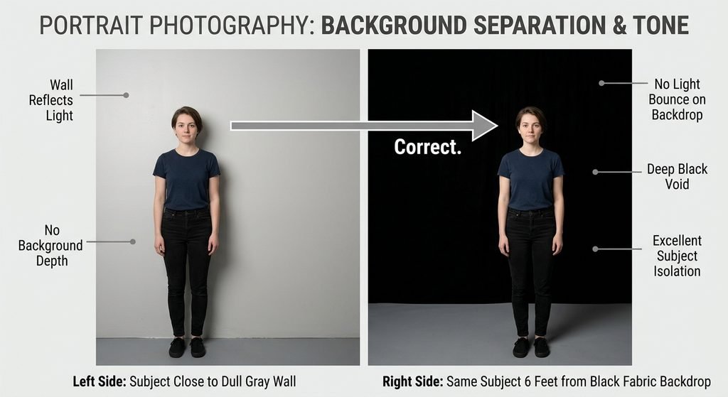 color black background portrait comparison showing subject too close to wall vs properly spaced from black backdrop

