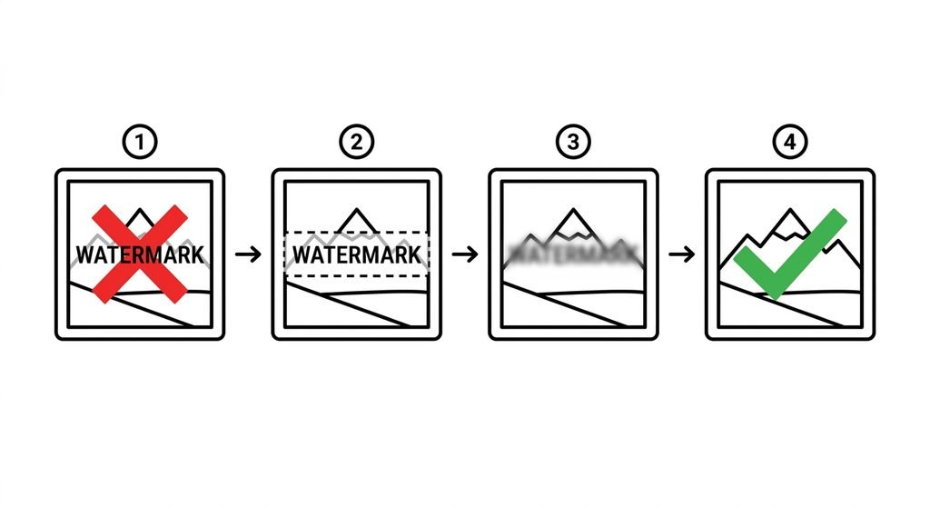  SorryWatermark step diagram showing selection and removal stages for cleaning watermarks from photos

