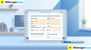 Fillable PDFs form design displayed on a tablet screen with interactive input fields