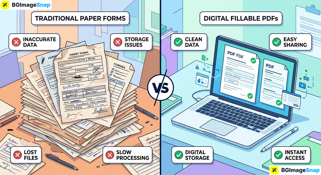 Comparison showing messy physical paperwork versus organized digital fillable PDFs on a laptop