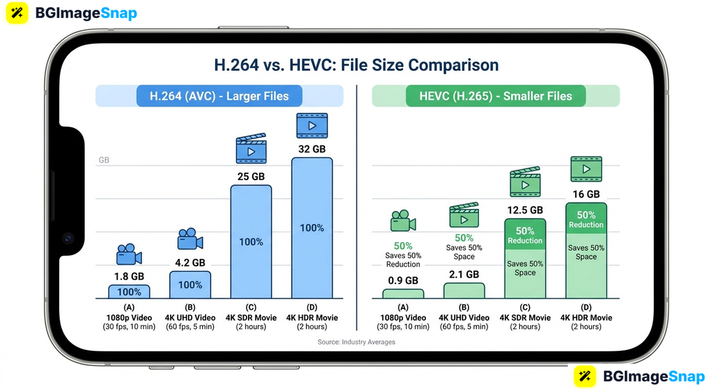 Video compressor app for iPhone comparing H.264 and HEVC file sizes