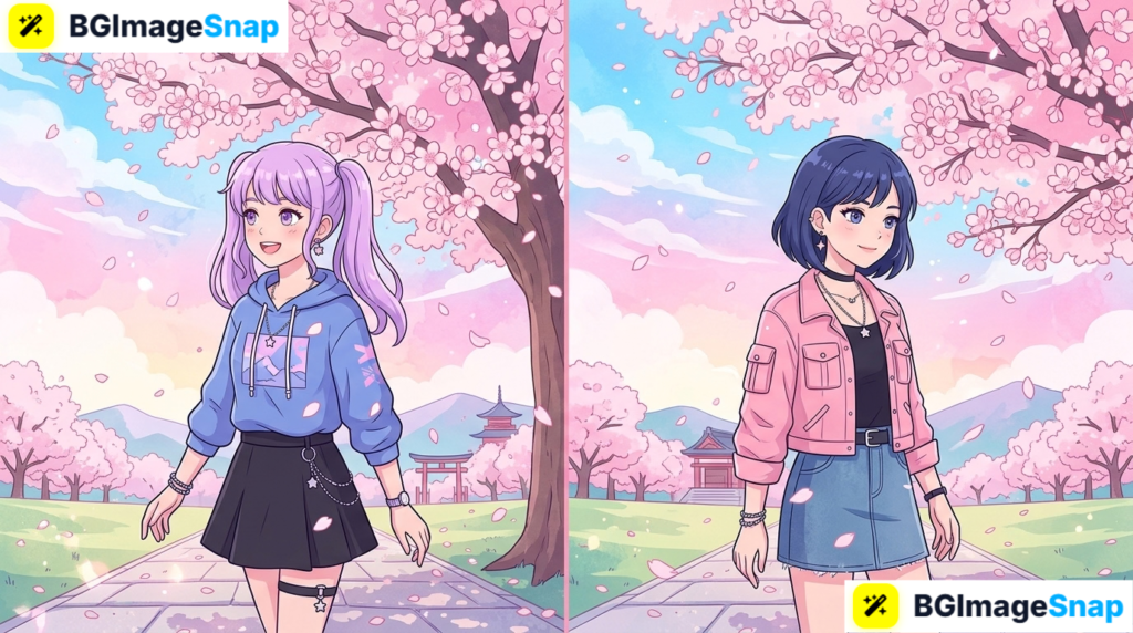 Matching PFP anime illustration of two friends under cherry blossoms ready to split