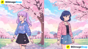 Matching PFP anime illustration of two friends under cherry blossoms ready to split