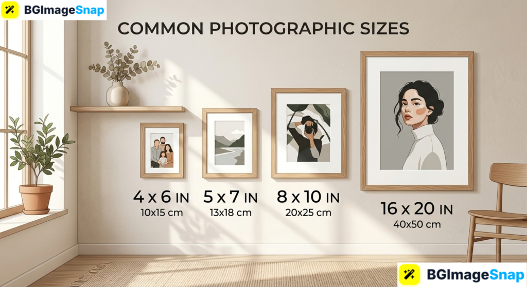 Photographic sizes displayed in minimalist wooden picture frames on a gallery wall