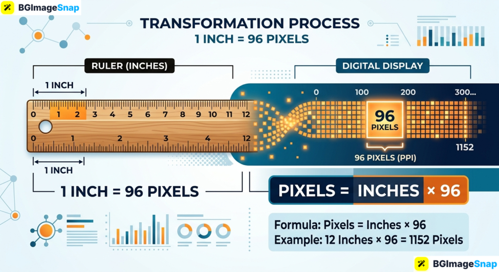 Inches to px conversion formula showing pixels equal inches times resolution